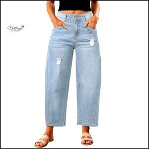 Women's Barrel Jeans Mid Rise Wide Leg Ripped Distressed Boyfriend Denim Pants